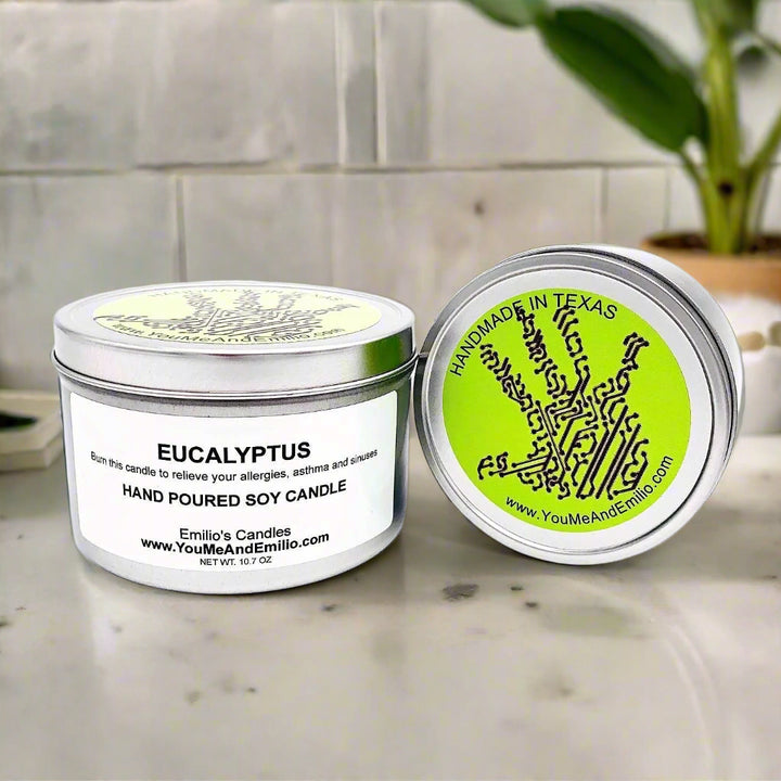 Eucalyptus Soy Candle – A refreshing, clean-burning candle crafted to promote relaxation and clarity, handmade with pure soy wax in Dallas, Texas.