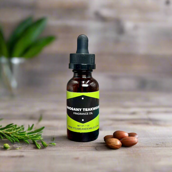 A sleek bottle of Mahogany Teakwood Fragrance Oil, exuding rich, woodsy notes of mahogany, teakwood, and a hint of oak moss for a sophisticated aroma.