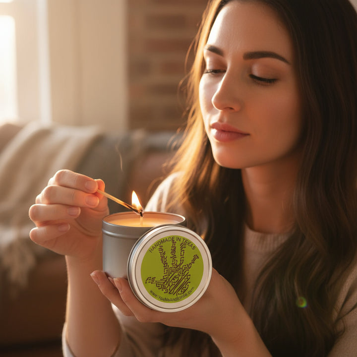 Two metal tins with green labels indicating 'Handmade in Texas' on a white background.