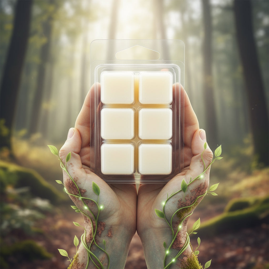 Pack of wax melts in a clear plastic packaging on a white background