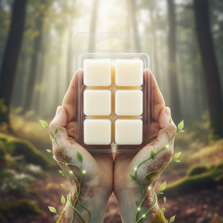Pack of wax melts in a clear plastic packaging on a white background