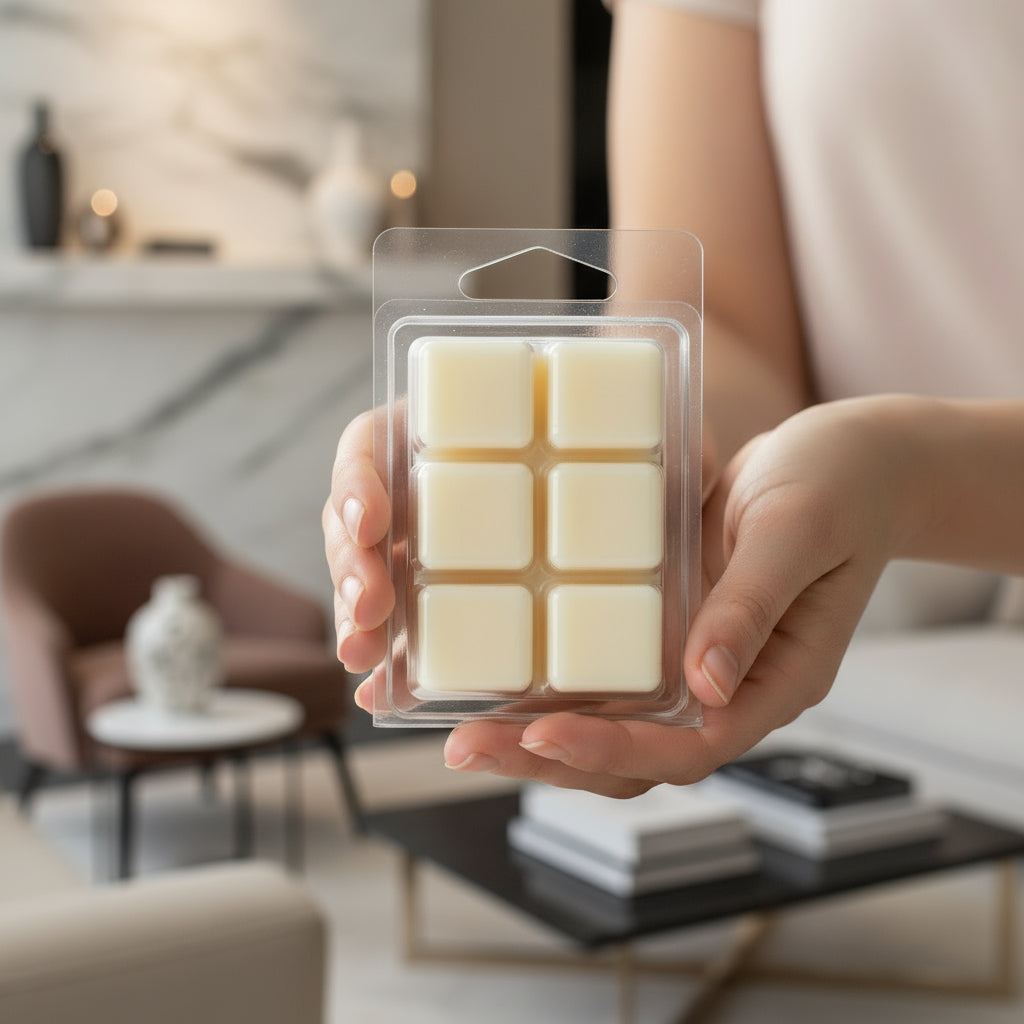 Pack of wax melts in a clear plastic packaging on a white background