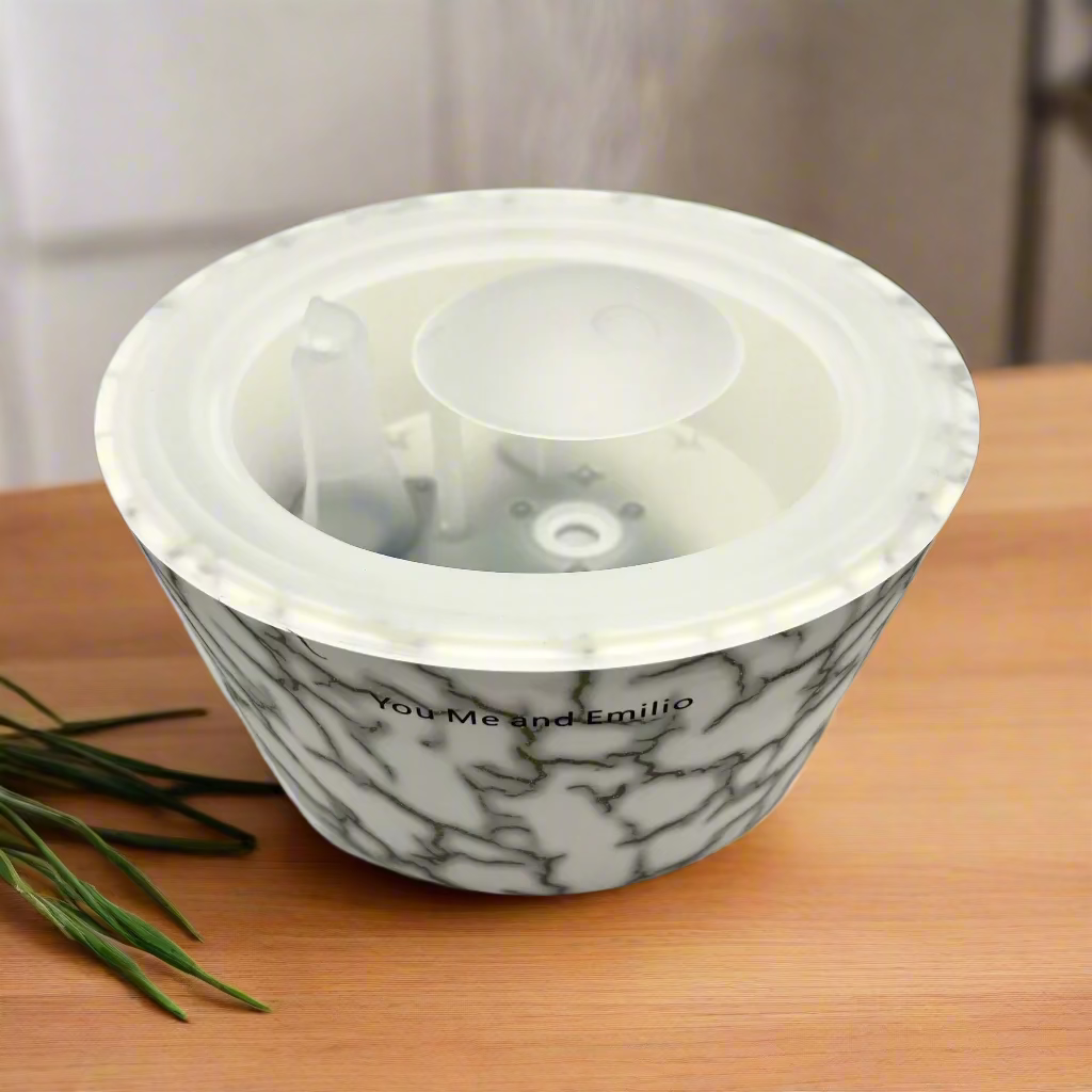 Marble-patterned container with a white lid on a light gray background