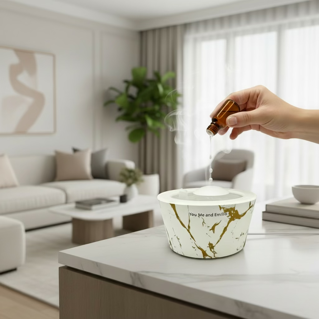 White bowl with gold marbled pattern and text on a white background