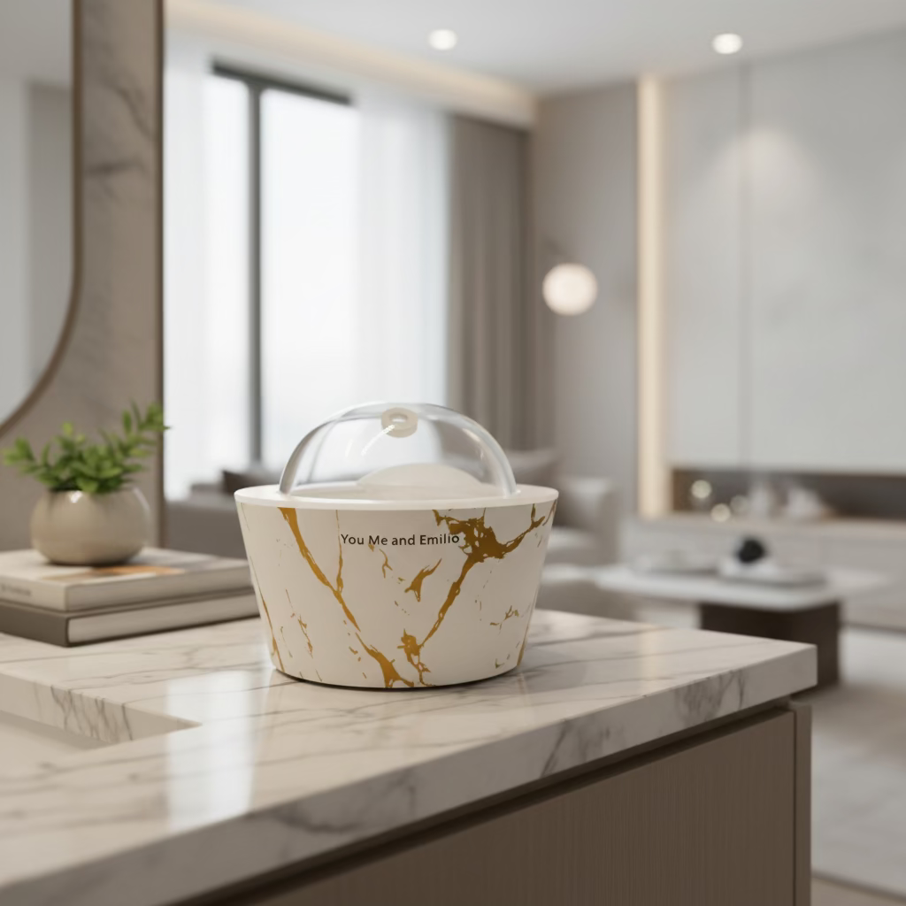 White pet water bowl with gold marble pattern and clear dome on a white background