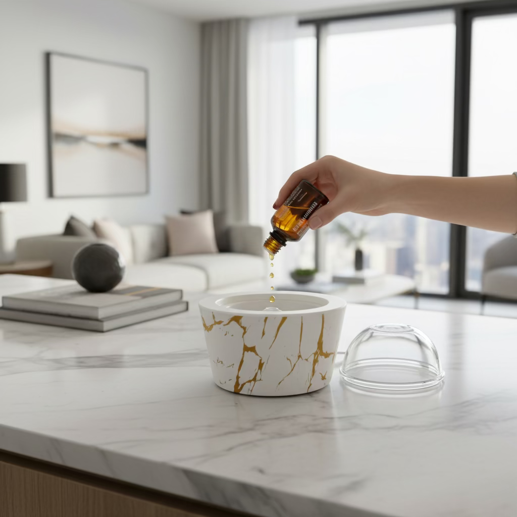 Marble-patterned container with a clear lid on a white background