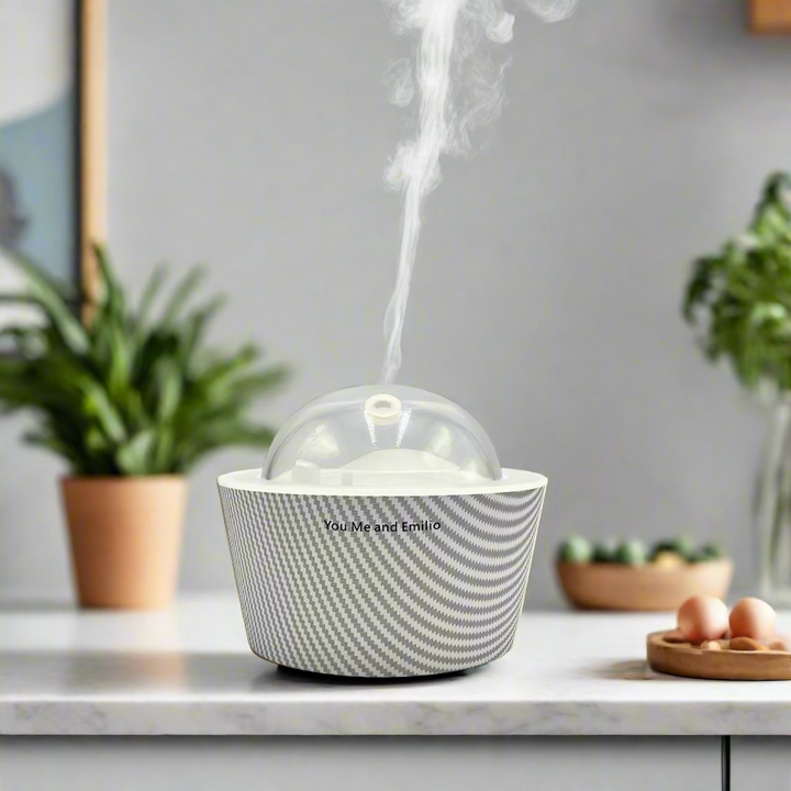 White and gray patterned container with a transparent dome on a white background