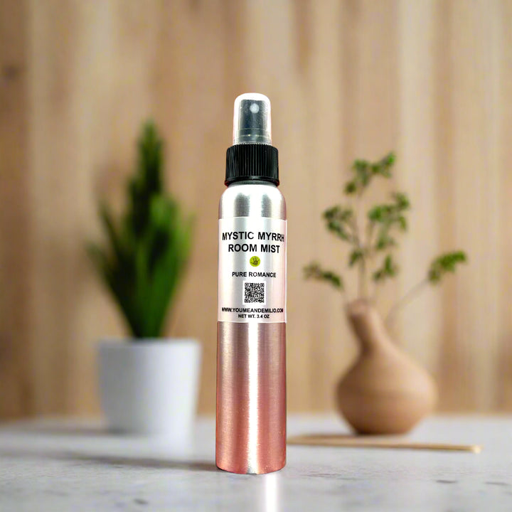Close-up of Mystic Myrrh Room Mist with a minimalistic label, showcasing the fine mist nozzle and luxurious packaging designed to elevate any room's ambiance.