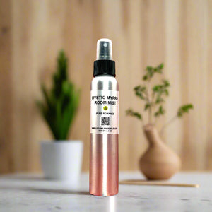 Close-up of Mystic Myrrh Room Mist with a minimalistic label, showcasing the fine mist nozzle and luxurious packaging designed to elevate any room's ambiance.