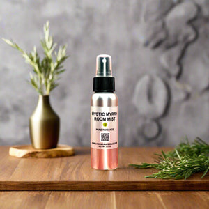 Mystic Myrrh Room Mist in a translucent bottle, perfectly capturing the essence of its enchanting scent, ready to freshen up your living space."
