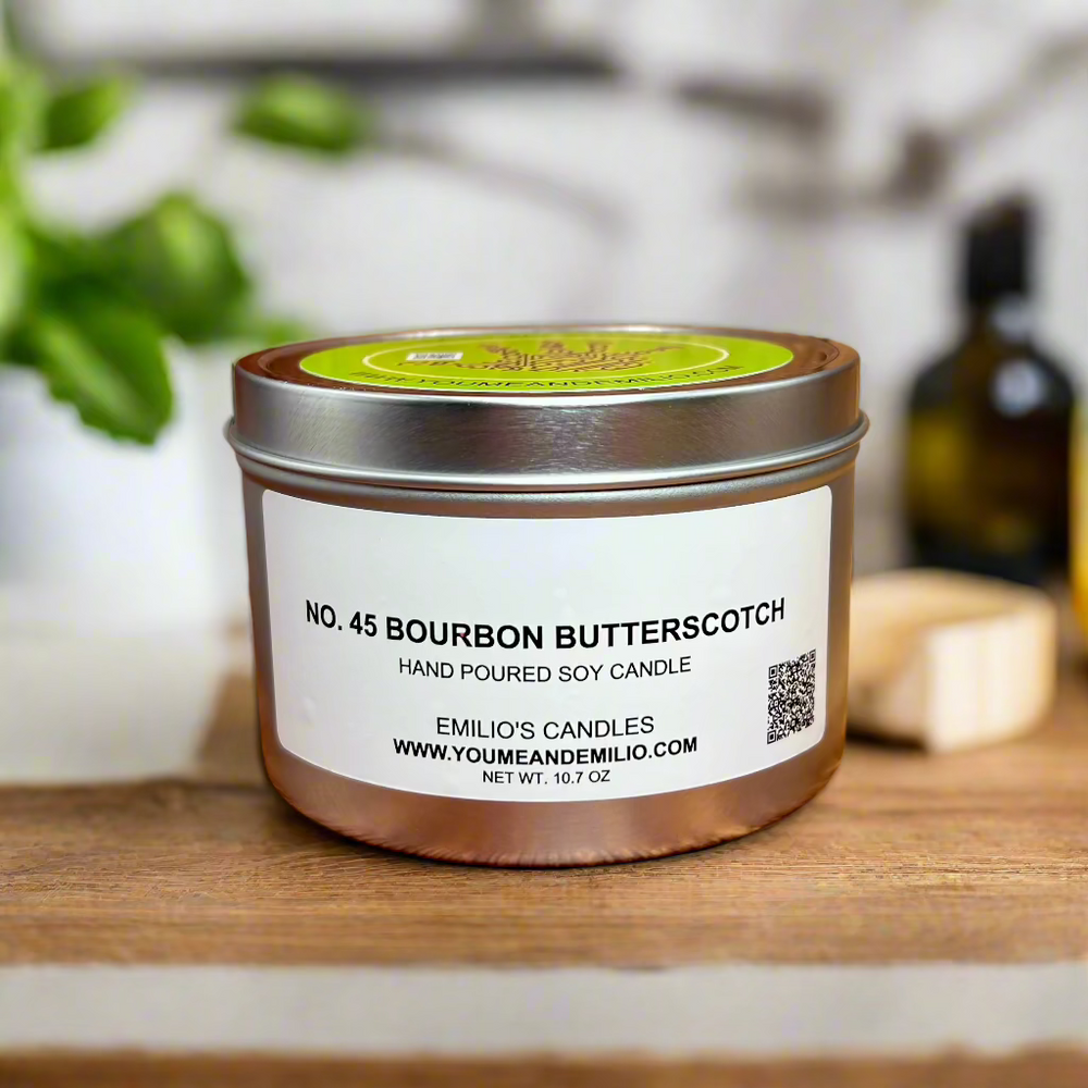 Celebrate sophistication with the 45 Bourbon Butterscotch Soy Candle. Rich butterscotch, bourbon whiskey, and vanilla create a luxurious scent. Long-lasting, clean-burning, and eco-friendly. Upgrade with the YOU ME & EMILIO Premium Subscription for exclusive perks! Created in honored of the 45th president of the United States of America, Donald John Trump.