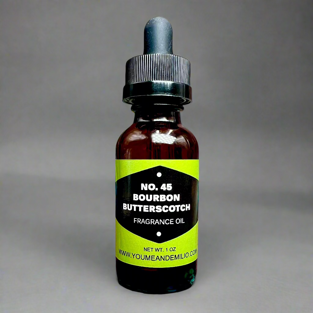 A bottle of No. 45 Bourbon Butterscotch Fragrance Oil, showcasing a luxurious blend of butterscotch, bourbon whiskey, and vanilla, ideal for diffusers and DIY candles. Honoring 45th President of the United Sates, Donald John Trump. 