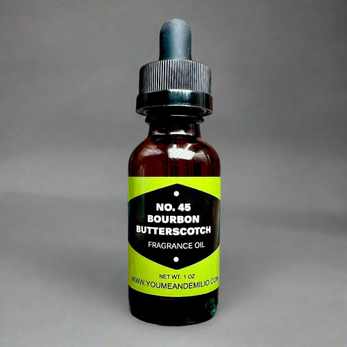 A bottle of No. 45 Bourbon Butterscotch Fragrance Oil, showcasing a luxurious blend of butterscotch, bourbon whiskey, and vanilla, ideal for diffusers and DIY candles. Honoring 45th President of the United Sates, Donald John Trump. 
