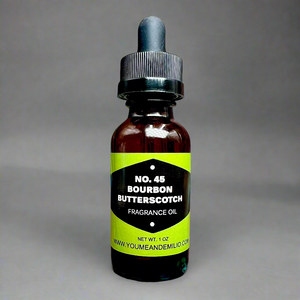 A bottle of No. 45 Bourbon Butterscotch Fragrance Oil, showcasing a luxurious blend of butterscotch, bourbon whiskey, and vanilla, ideal for diffusers and DIY candles. Honoring 45th President of the United Sates, Donald John Trump. 