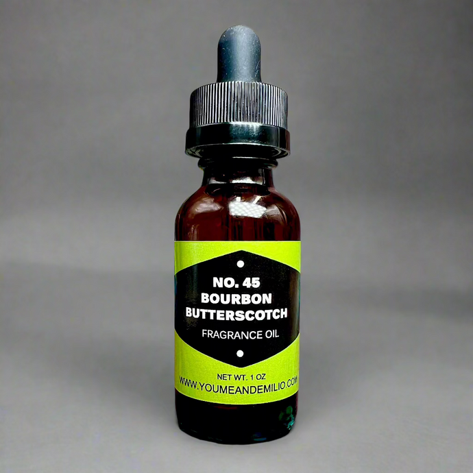 A bottle of No. 45 Bourbon Butterscotch Fragrance Oil, showcasing a luxurious blend of butterscotch, bourbon whiskey, and vanilla, ideal for diffusers and DIY candles. Honoring 45th President of the United Sates, Donald John Trump. 
