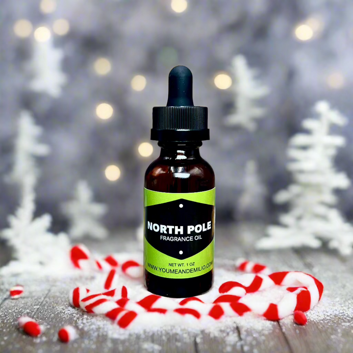 North Pole Fragrance Oil, featuring a delightful mix of sweet peppermint and creamy vanilla, perfect for holiday-themed projects.