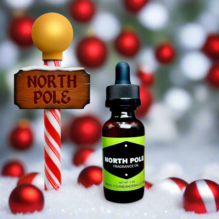 North Pole Fragrance Oil, a luxurious holiday fragrance with sweet peppermint and creamy vanilla, ideal for creating a warm, festive ambiance.
