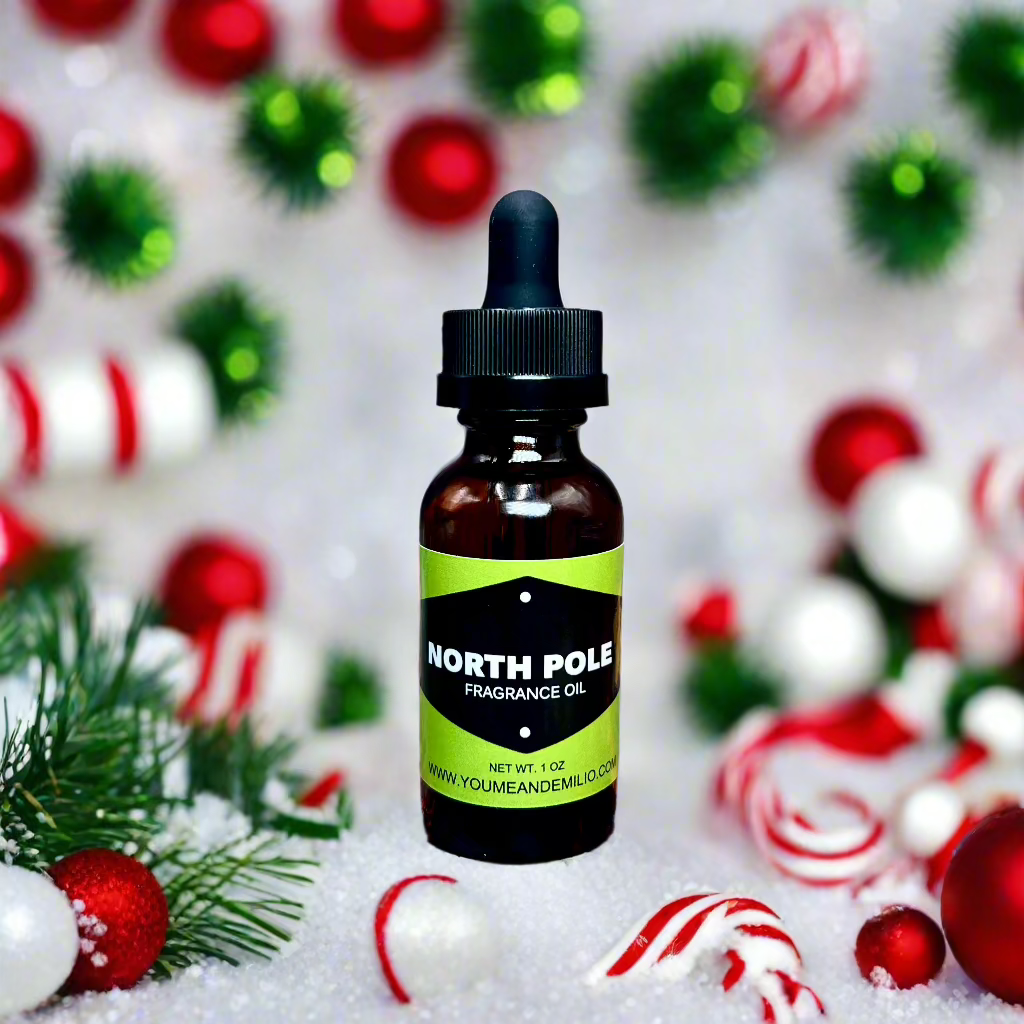 A bottle of North Pole Fragrance Oil, capturing the sweet blend of peppermint and creamy vanilla for a festive and cozy aroma.