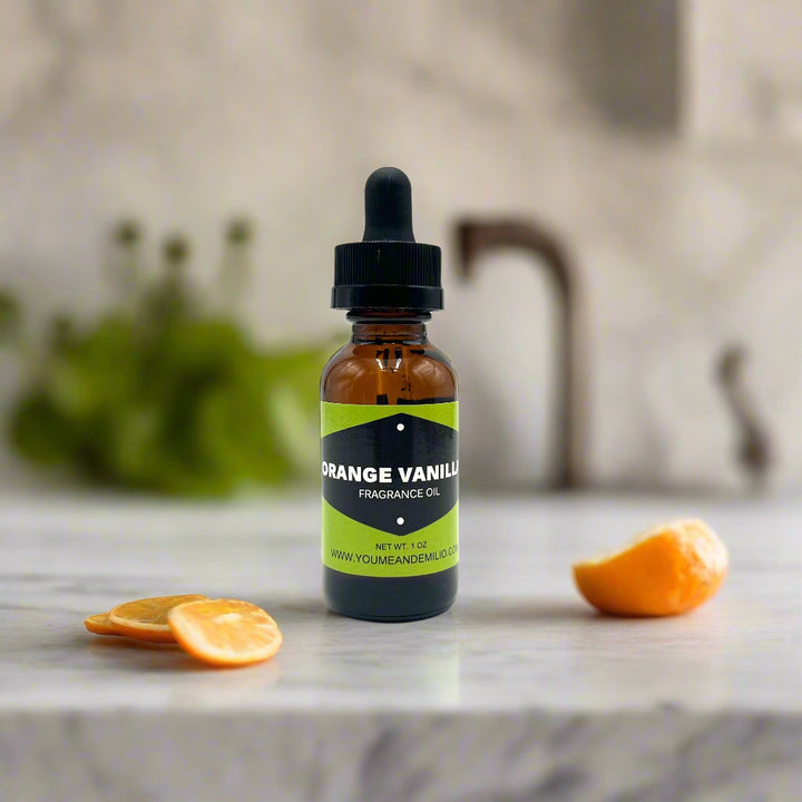 Bottle of Orange Vanilla fragrance oil with a dropper on a white background