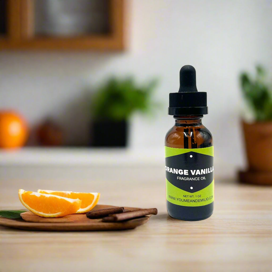 Bottle of Orange Vanilla fragrance oil with a dropper on a white background