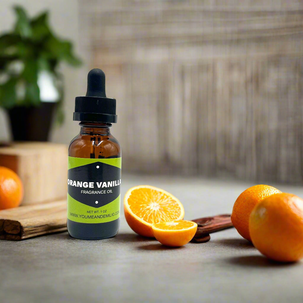 Bottle of Orange Vanilla fragrance oil with a dropper on a white background