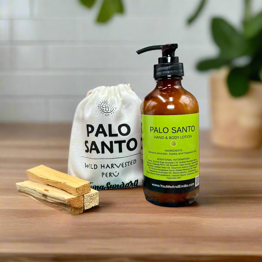 Palo Santo Hand & Body Lotion bottle with a glowing drop of lotion beside it, highlighting its deeply hydrating and nourishing properties for radiant skin.