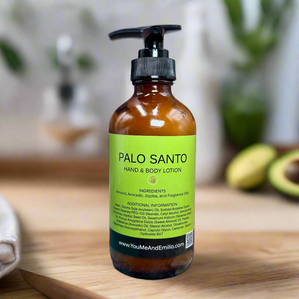 A hand holding the Palo Santo Hand & Body Lotion bottle, with glowing, healthy-looking skin in the background to highlight the product’s rejuvenating effects.