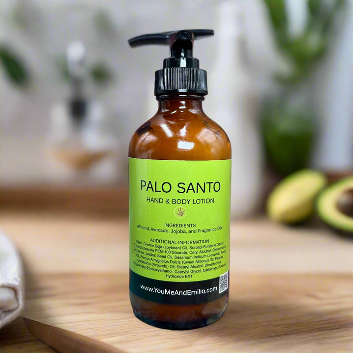 A hand holding the Palo Santo Hand & Body Lotion bottle, with glowing, healthy-looking skin in the background to highlight the product’s rejuvenating effects.