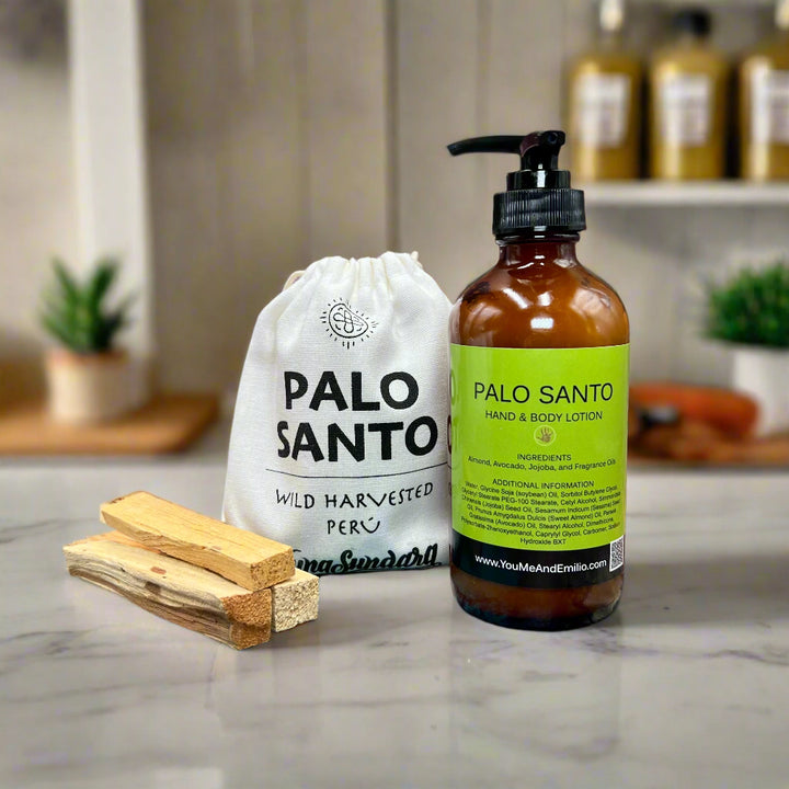 Close-up of Palo Santo Hand & Body Lotion being applied to smooth, moisturized hands, showcasing its ability to restore skin’s softness and natural glow.