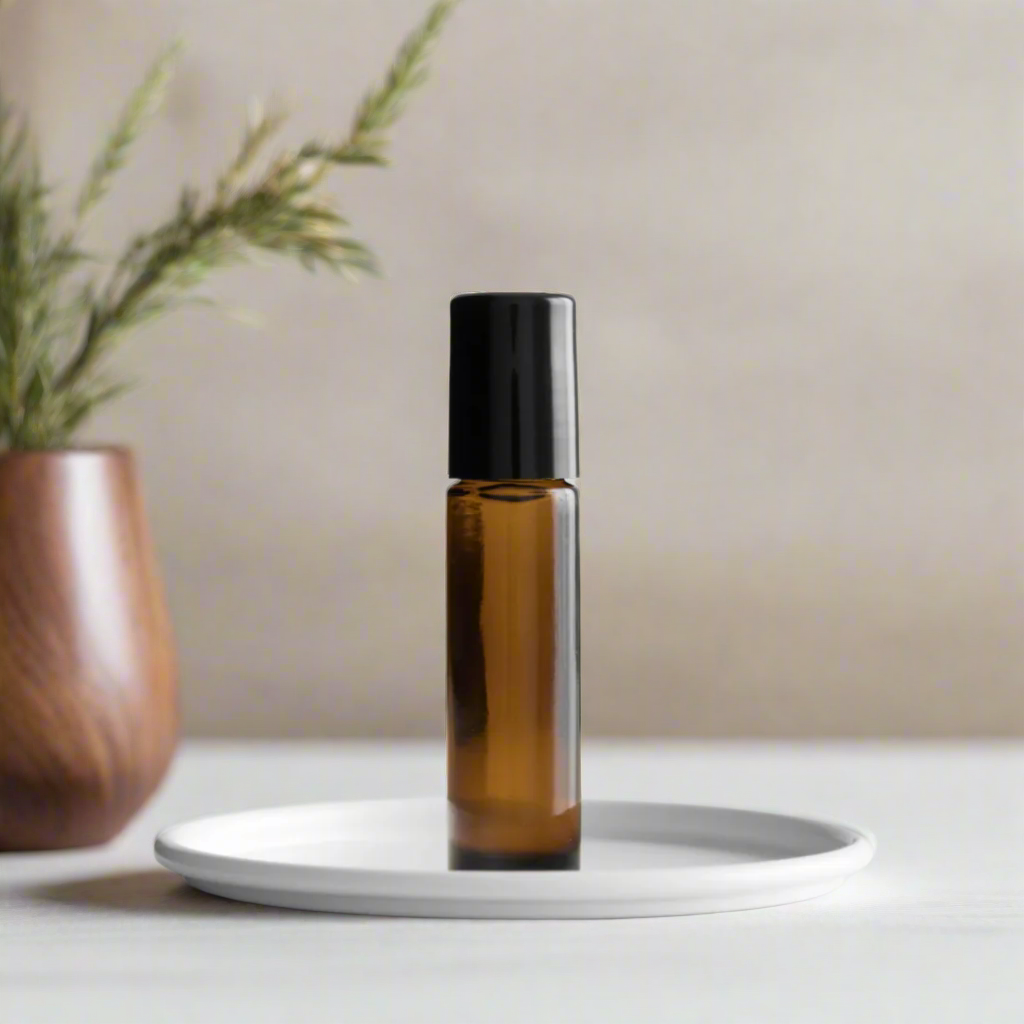 Amber glass bottle of Palo Santo Scented Roll-On by You Me & Emilio, featuring earthy palo santo wood fragrance oil for aromatherapy, grounding, and daily wellness rituals.