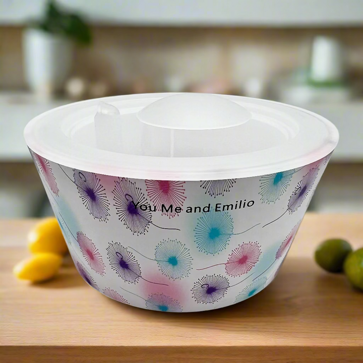 Decorative bowl with floral pattern and 'You Me and Emilio' text on a white background