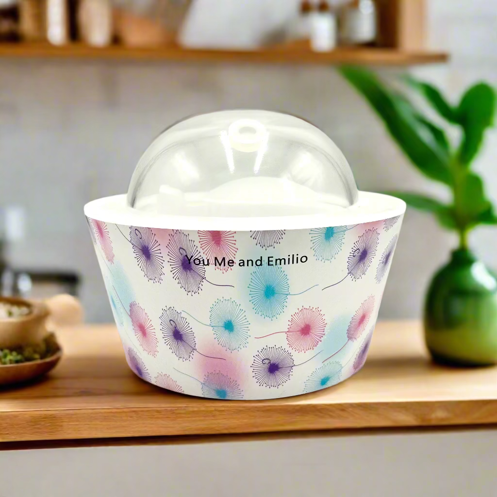 Decorative container with floral pattern and 'You Me and Emilio' text on a white background