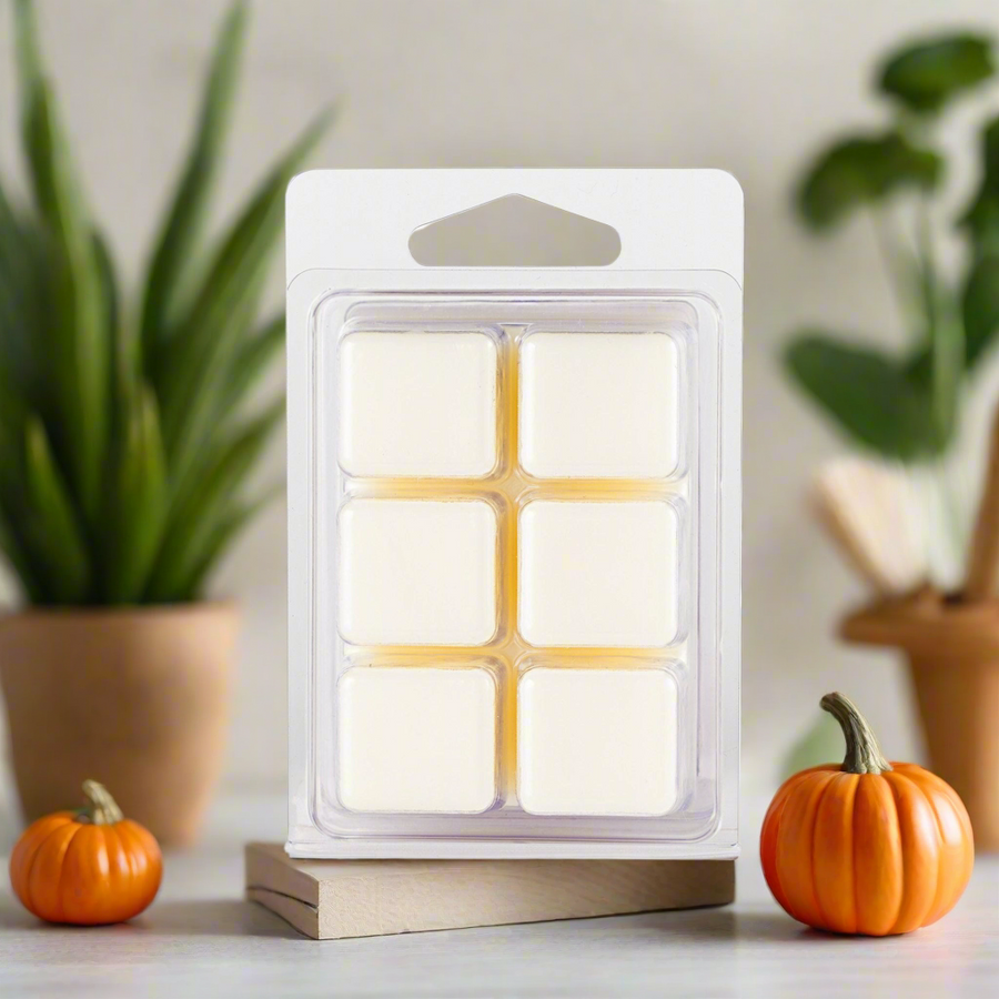 Pack of wax melts in a decorative holder with pumpkins and plants in the background