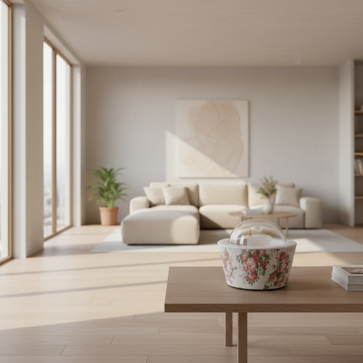 Floral-patterned oil diffuser with a clear dome lid on a dark surface.