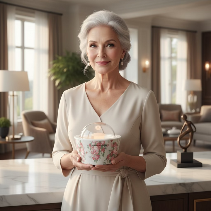 Floral-patterned diffuser with a clear lid on a dark surface