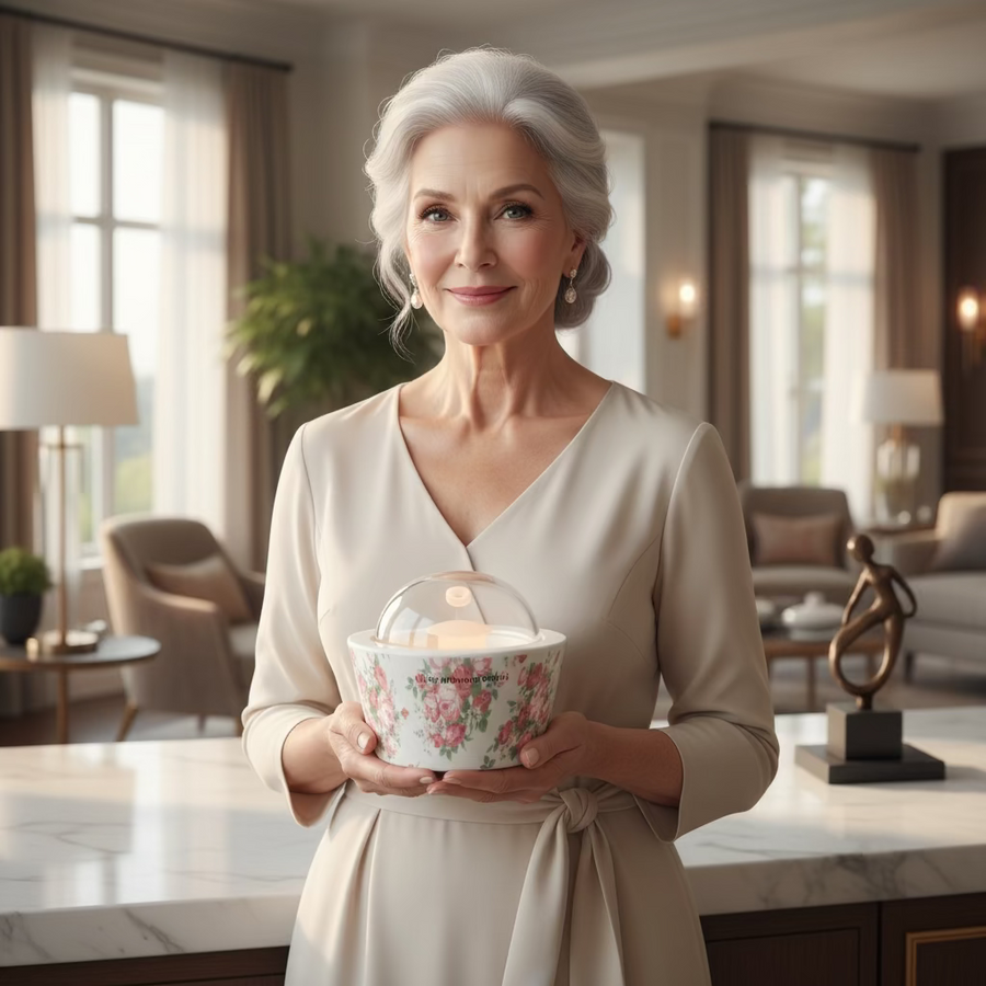 Floral-patterned diffuser with a clear lid on a dark surface