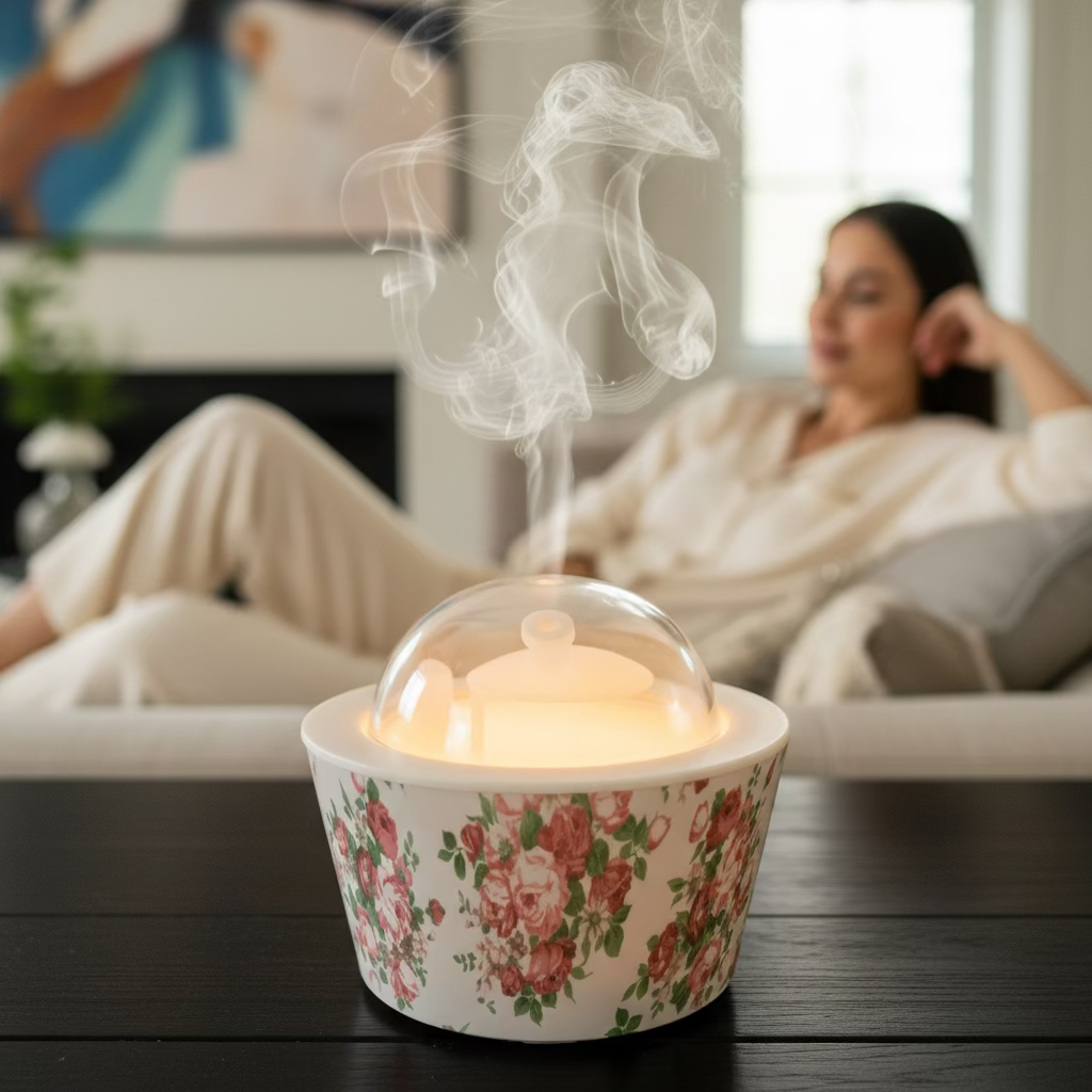Floral-patterned container with a clear dome lid on a dark surface.