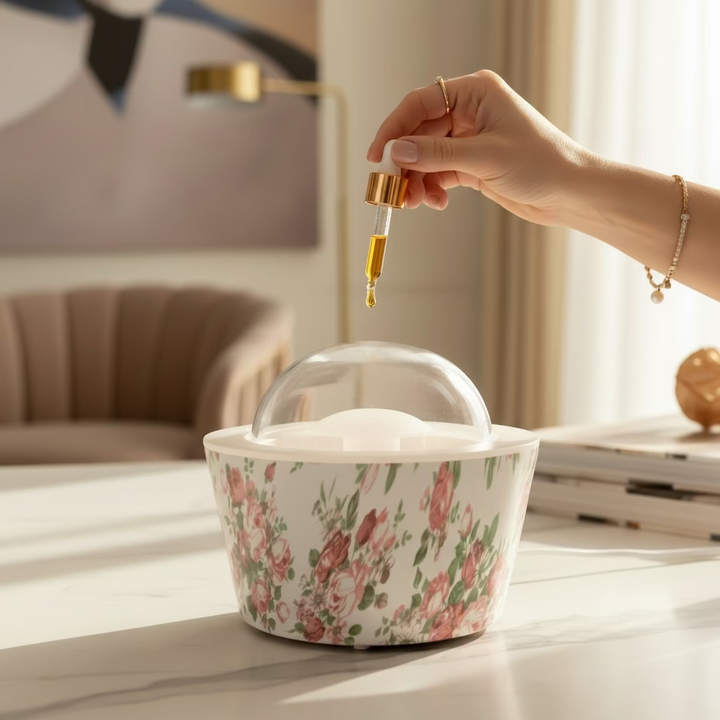 Floral-patterned diffuser with a lid on a dark surface