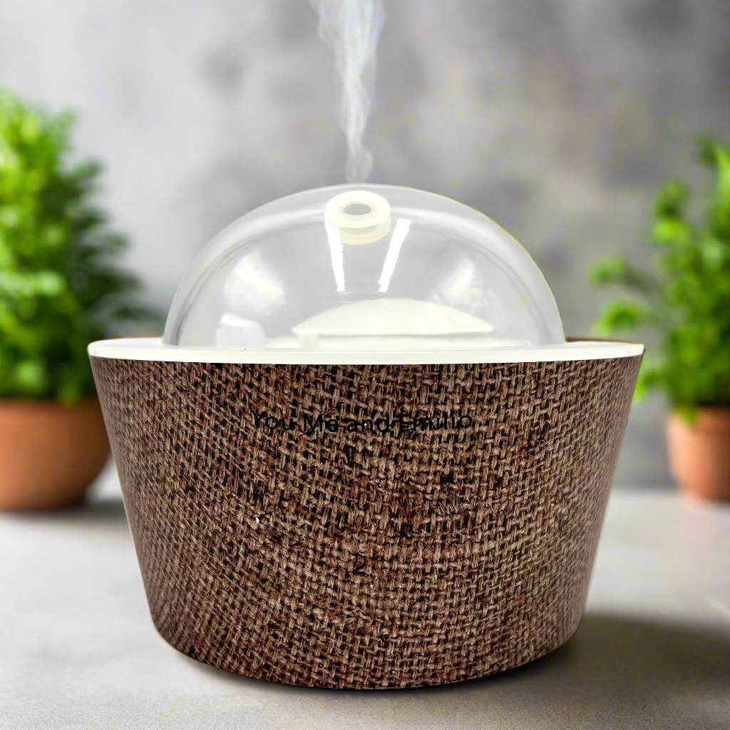 Brown textured fabric container with a clear dome lid on a white background