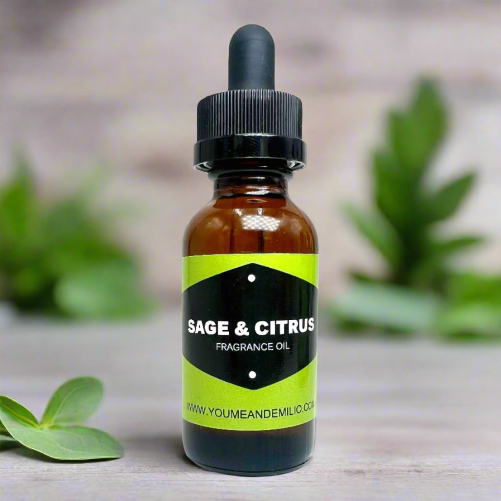 A bottle of Sage & Citrus Fragrance Oil, featuring a premium blend of fresh citrus and earthy sage. Perfect for use in diffusers, candles, soaps, and massage oils. Hand-poured in Dallas, Texas, with fast shipping and Buy Now, Pay Later options available.