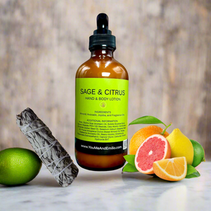 A bottle of Sage & Citrus Hand & Body Lotion, showcasing a luxurious blend of sage and citrus fragrances. This handmade lotion, crafted in Dallas, Texas, features nourishing ingredients like Jojoba oil, Sweet Almond oil, and Avocado oil for deep hydration and antioxidant benefits. Suitable for all skin types, it leaves skin soft, supple, and lightly scented with a calming yet uplifting aroma.