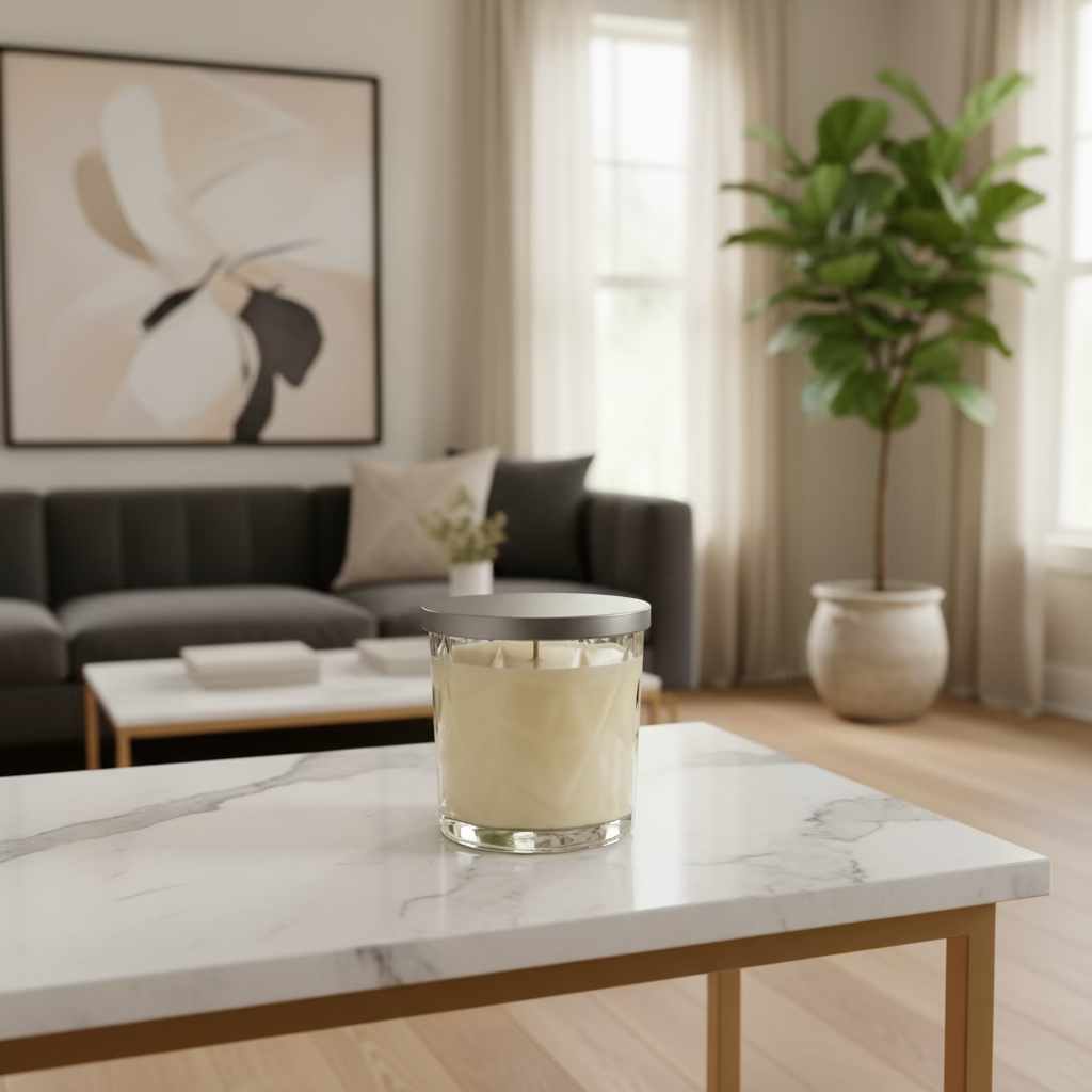 Glass candle with a metal lid on a white background