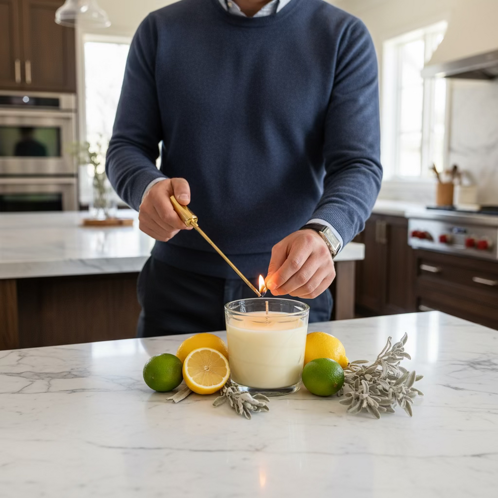 Candle in a glass container on a white background