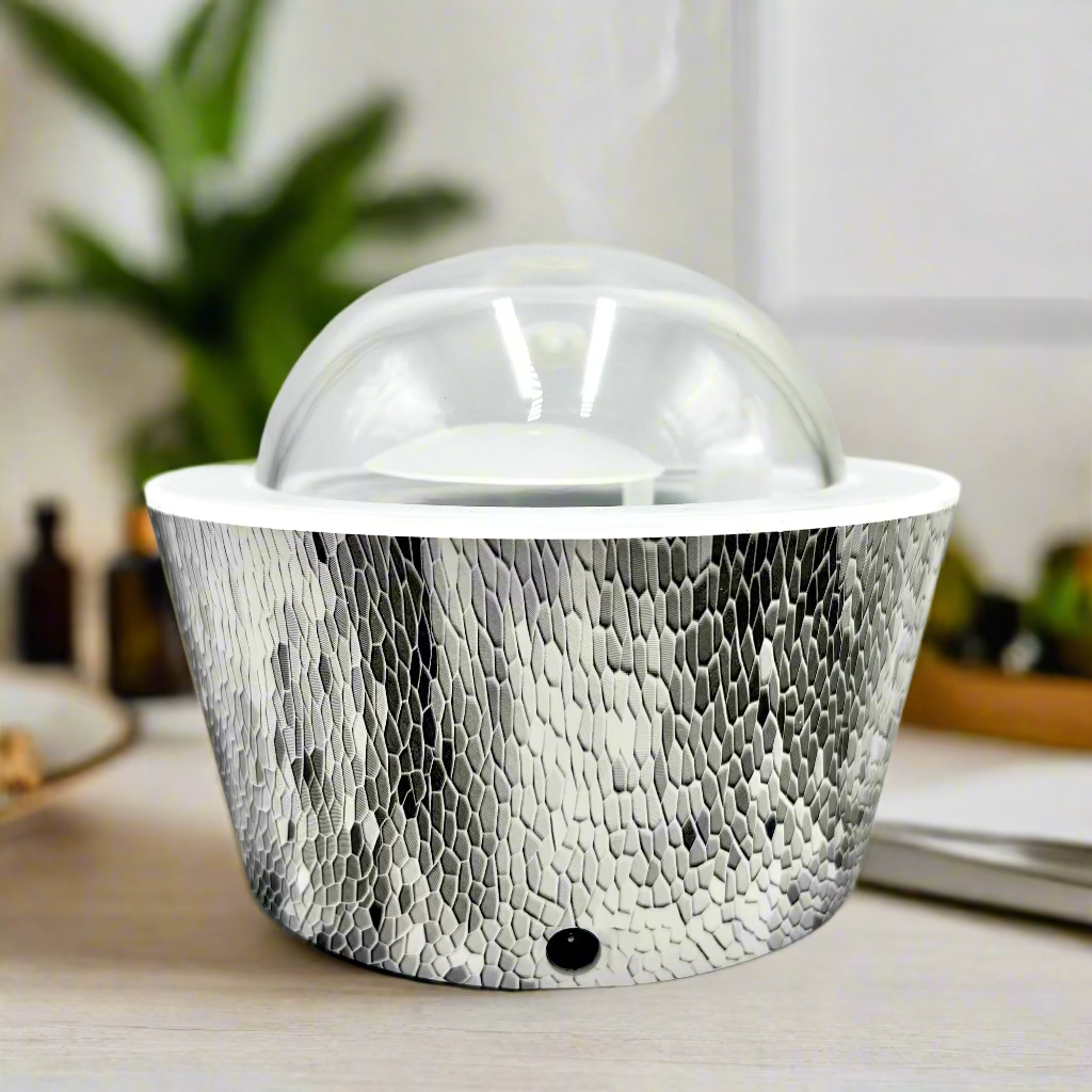 Cylindrical container with textured pattern and clear dome lid on a white background