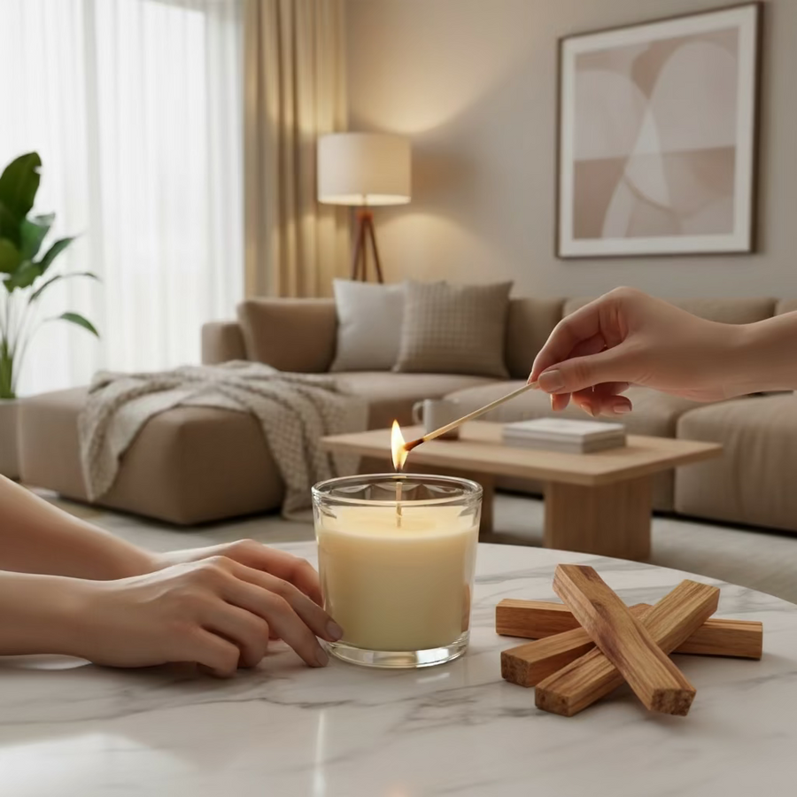 Candle in a glass container on a white background
