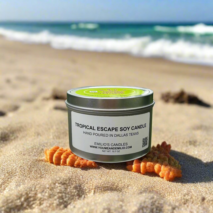 Tropical Escape Soy Candle in sleek glass jar with vibrant tropical fragrance blend of pineapple, mango, goji berry, and soft driftwood, ideal for coastal and summer-themed spaces.