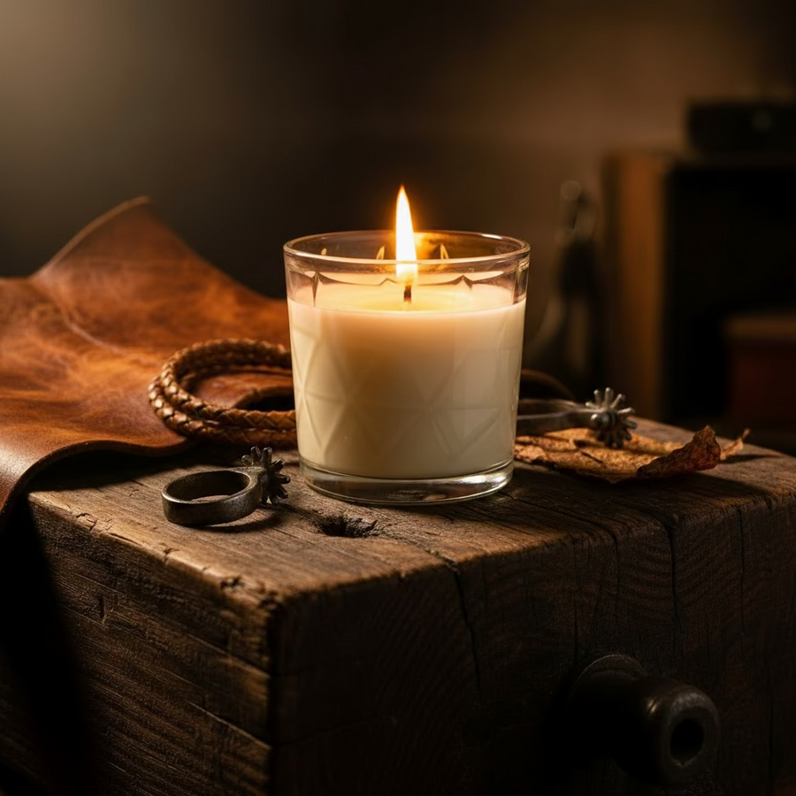 Candle in a clear glass container on a white background
