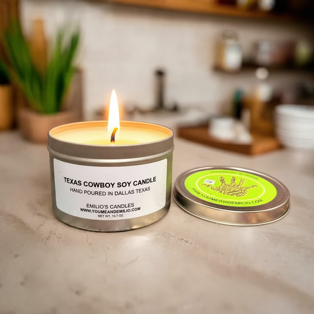 Texas Cowboy Soy Candle, a rich blend of leather and adventure, evokes the rugged charm of the Wild West.
