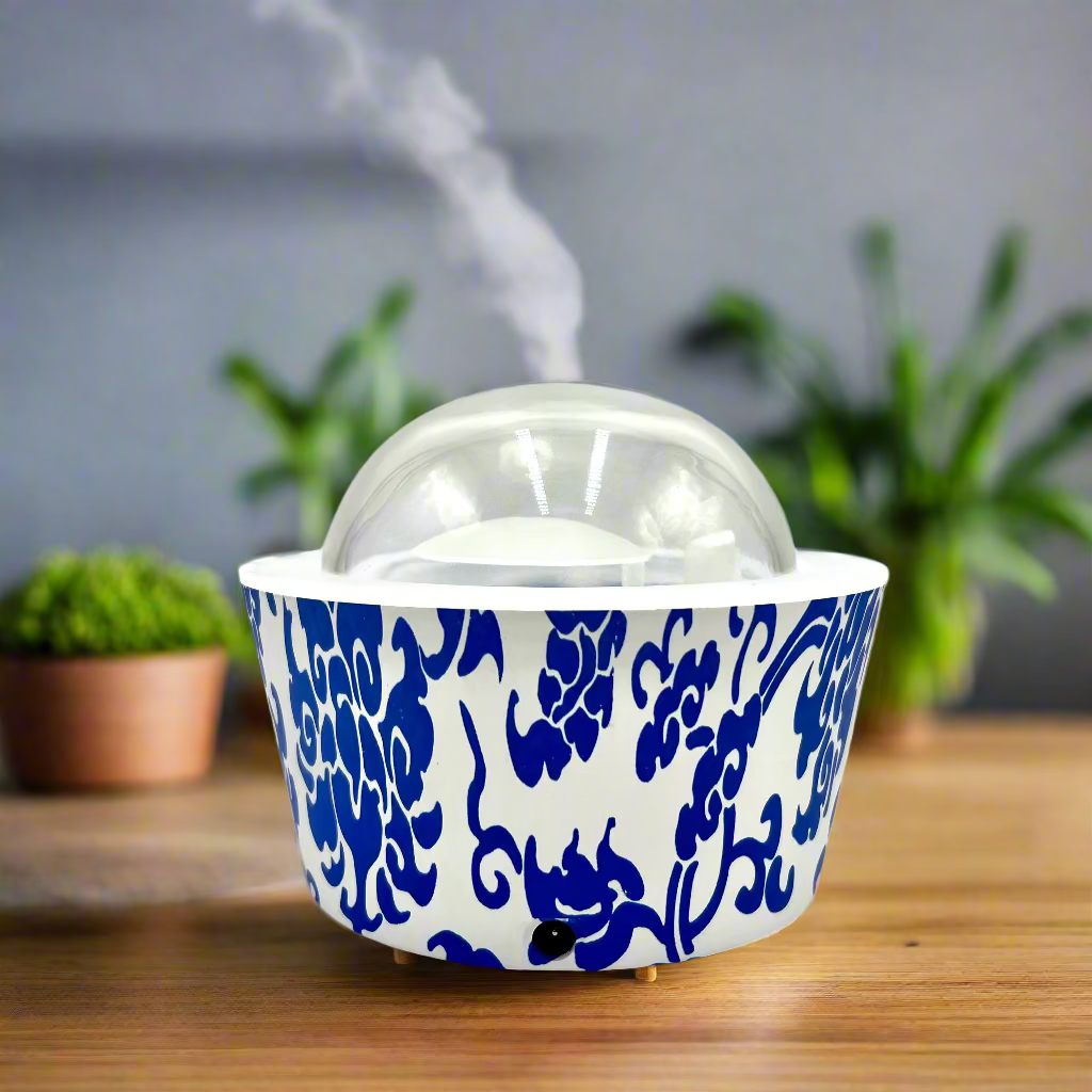 White helmet with blue floral pattern on a white background