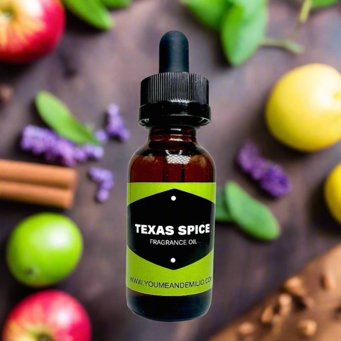 Texas Spice Fragrance Oil bottle with a blend of Apple, Clover, Lemon, and Lavender essential oils, offering a crisp and calming aroma for diffusers, soy candles, soaps, and more. Hand-poured in Dallas, Texas for premium quality.